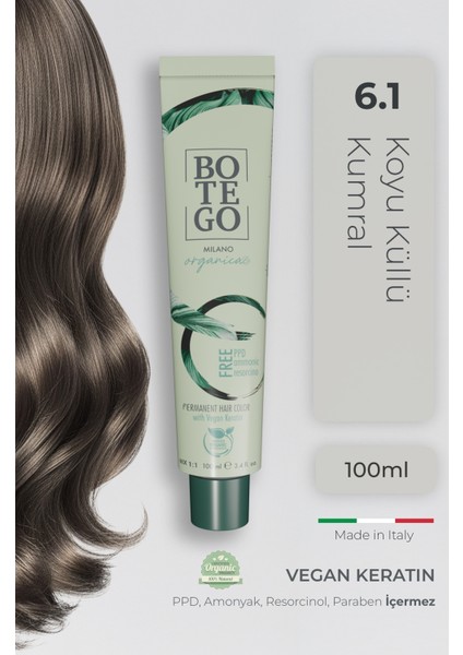 Organica Organik Saç Boyası - 6.1 Koyu Küllü Kumral 100 ml - Amonyaksız, Kokusuz, Vegan