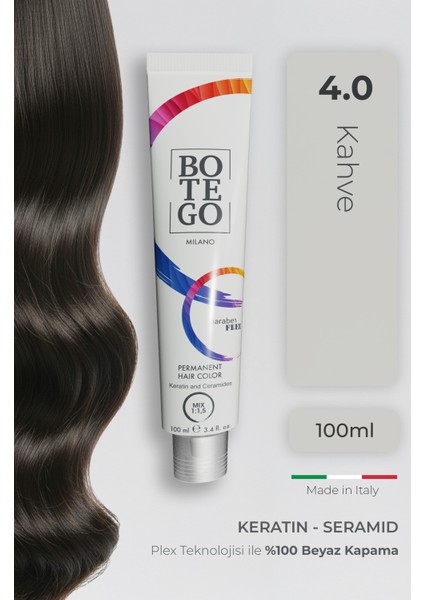 Profesyonel Krem Saç Boyası - 4.0 Kahve 100 ml - Plex, Keratin, Seramid