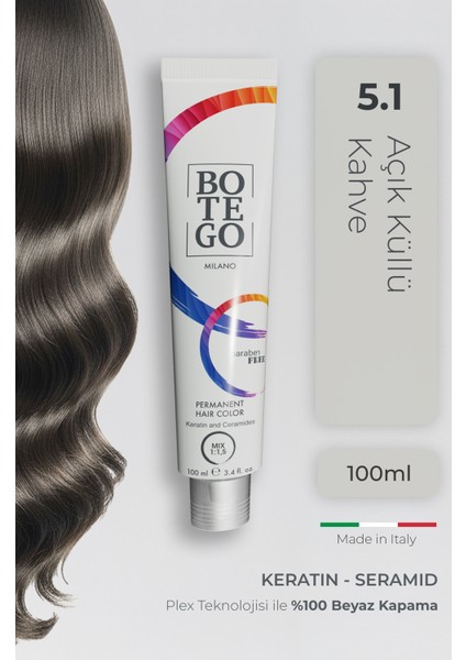 Profesyonel Krem Saç Boyası - 5.1 Açık Küllü Kahve 100 ml - Plex, Keratin, Seramid