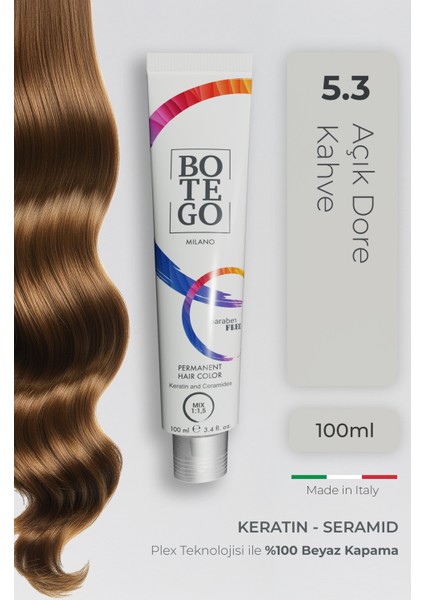 Profesyonel Krem Saç Boyası - 5.3 Açık Dore Kahve 100 ml - Plex, Keratin, Seramid
