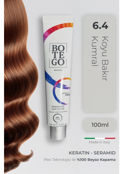 Profesyonel Krem Saç Boyası - 6.4 Koyu Bakır Kumral 100 ml - Plex, Keratin, Seramid