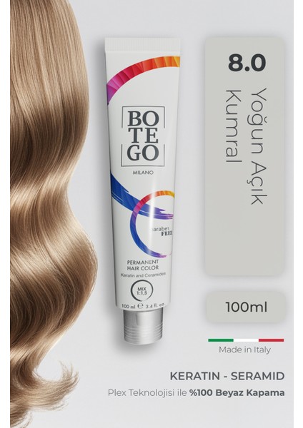 Profesyonel Krem Saç Boyası - 8.0 Yoğun Açık Kumral 100 ml - Plex, Keratin, Seramid