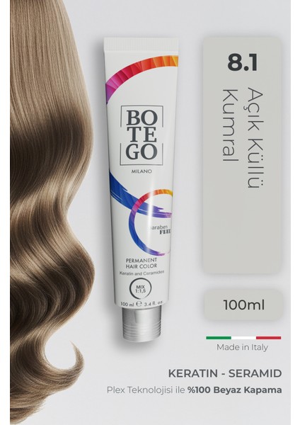 Profesyonel Krem Saç Boyası - 8.1 Açık Küllü Kumral 100 ml - Plex, Keratin, Seramid