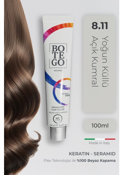 Profesyonel Krem Saç Boyası - 8.11 Yoğun Küllü Açık Kumral 100 ml - Plex, Keratin, Seramid