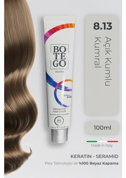 Profesyonel Krem Saç Boyası - 8.13 Küllü Altın Kumlu Kumral 100 ml - Plex, Keratin, Seramid