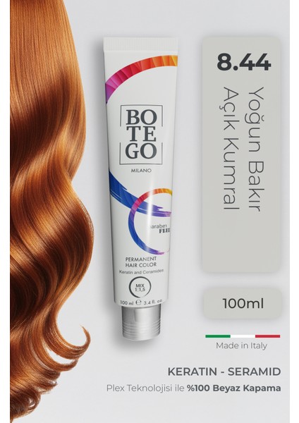 Profesyonel Krem Saç Boyası - 8.44 Yoğun Bakır Açık Kumral 100 ml - Plex, Keratin, Seramid