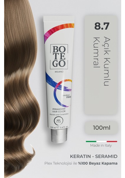 Profesyonel Krem Saç Boyası - 8.7 Açık Kumlu Kumral 100 ml - Plex, Keratin, Seramid