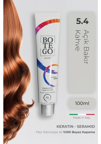 Profesyonel Krem Saç Boyası - 5.4 Açık Bakır Kahve 100 ml - Plex, Keratin, Seramid