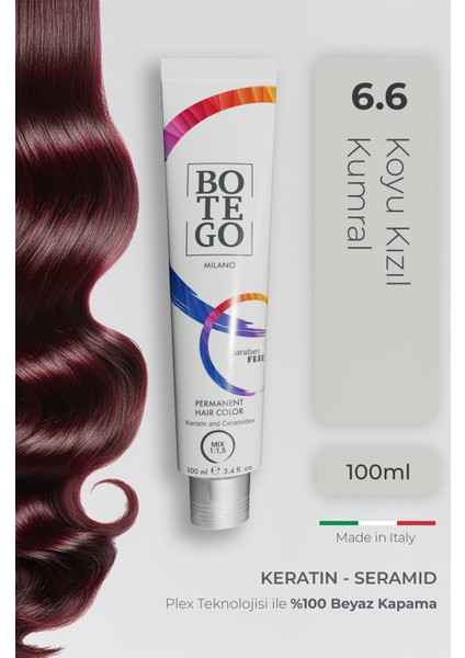Profesyonel Krem Saç Boyası - 6.6 Koyu Kızıl Kumral 100 ml - Plex, Keratin, Seramid