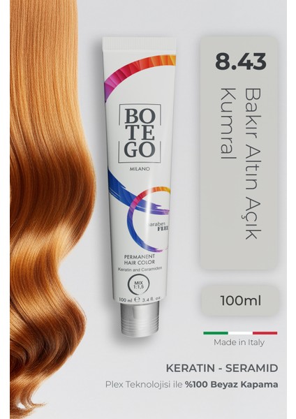 Profesyonel Krem Saç Boyası - 8.43 Bakır Altın Açık Kumral 100 ml - Plex, Keratin, Seramid
