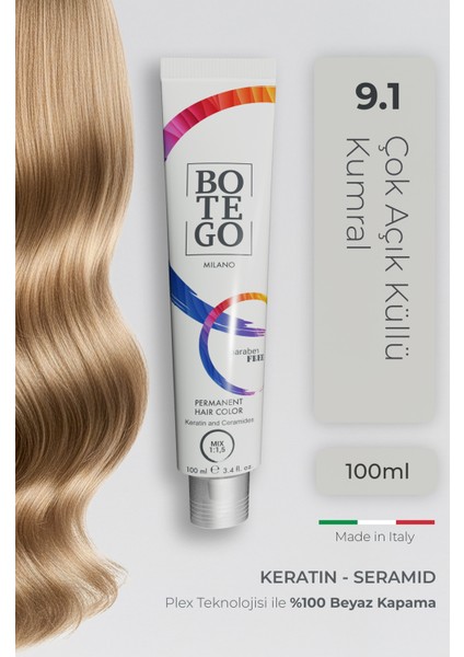 Profesyonel Krem Saç Boyası - 9.1 Çok Açık Küllü Kumral 100 ml - Plex, Keratin, Seramid