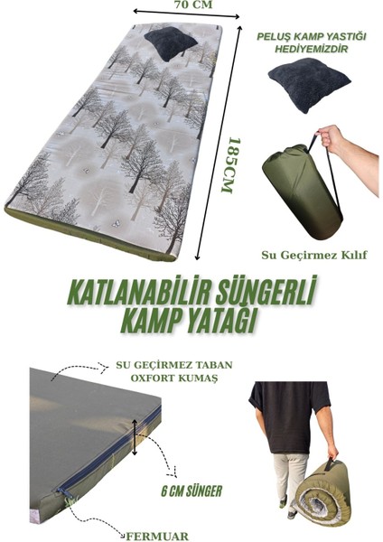 Katlanabilir Kamp Yatağı Su Geçirmez Taban Fermuarlı Minder Taşınabilir Kılıf Çadır Mat 185X70X6 cm
