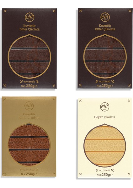 Kuvertür Bitter Çikolata (2), Sütlü Çikolata (1) ve Beyaz Çikolata (1) 250g 4'lü Set (4x250g) Glutensiz