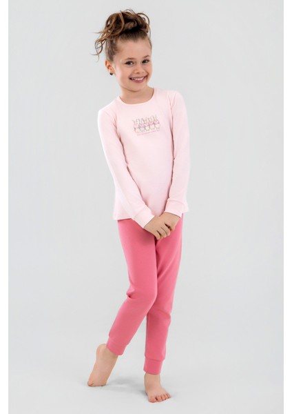 Kız Çocuk Pamuklu Bisiklet Yaka Tavşan Baskılı Uzun Kollu Pijama Takımı 9246 Pembe
