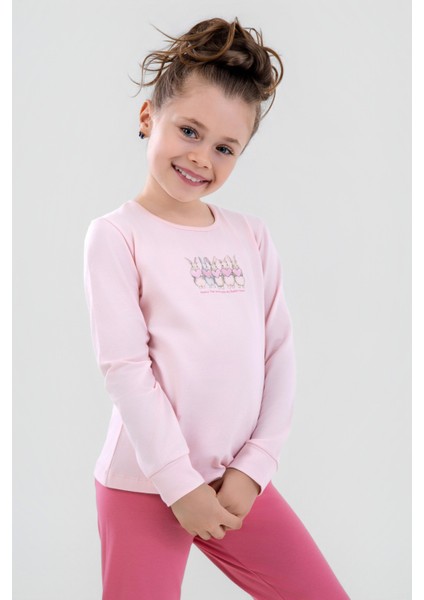 Kız Çocuk Pamuklu Bisiklet Yaka Tavşan Baskılı Uzun Kollu Pijama Takımı 9246 Pembe modelleri