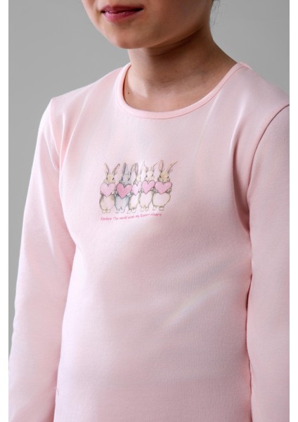 Kız Çocuk Pamuklu Bisiklet Yaka Tavşan Baskılı Uzun Kollu Pijama Takımı 9246 Pembe fırsatları