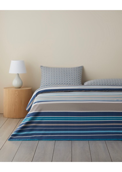 Line Motion Kolay Ütülenir Çift Kişilik Nevresim Takımı 200X220 cm Lacivert - Bej