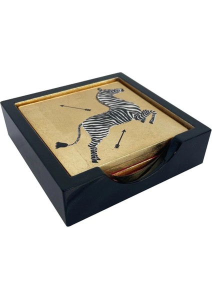 Zebras Gold Lacquer Coasters - Set Of 4 Coasters In Holder