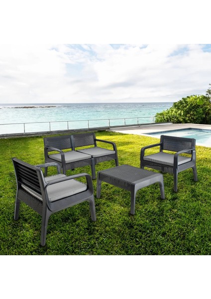 Yakut Serisi - Latte Bahçe Oturma Grubu - 1 Ikili + 2 Tekli + 1 Sehpa - Minderli - Antrasit