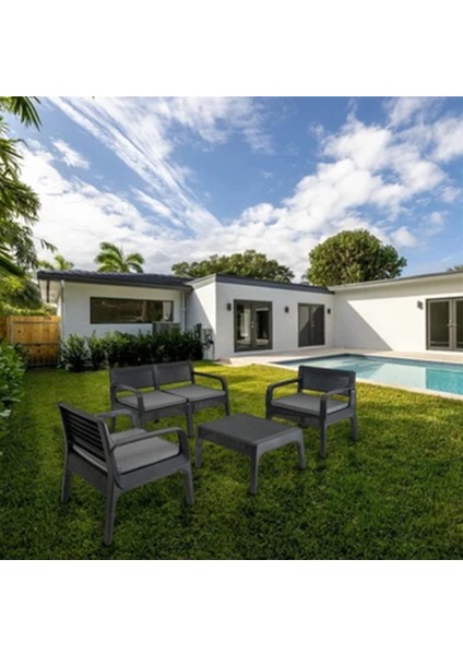 Yakut Serisi - Latte Bahçe Oturma Grubu - 1 Ikili + 2 Tekli + 1 Sehpa - Minderli - Antrasit