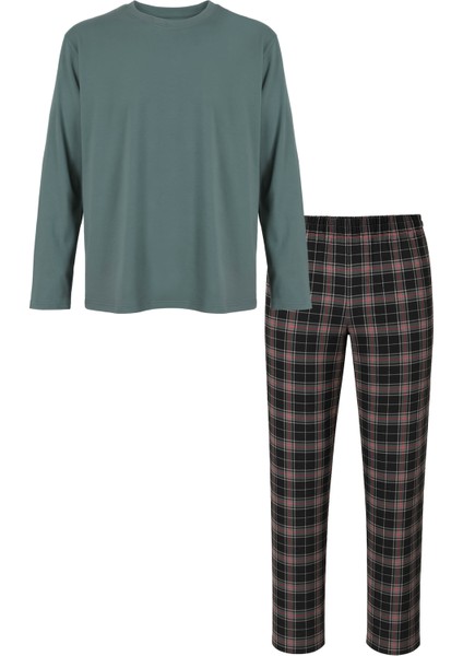 Erkek Pamuklu Uzun Kollu Yamalı Ekose Desenli Pijama Takımı