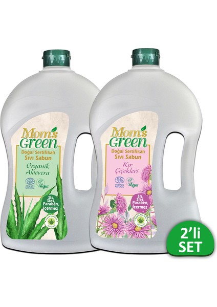 2'li Set Mom's Green Doğal Sertifikalı Sıvı Sabun-Aloevera ve Kır Çiçekleri (1.5 Lt x 2 Adet) Ecocosmos