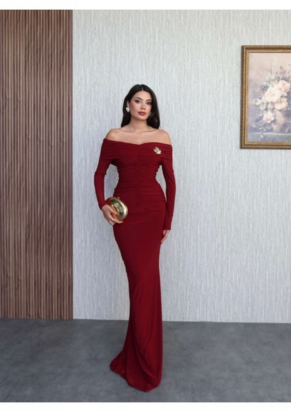 Açık Omuz Aksesuarlı Drape Maxi Elbise