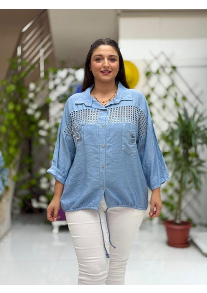 NC59028 Erkek Yaka Önü Fileli Italyan Ham Keten Gömlek Mavi fiyatları