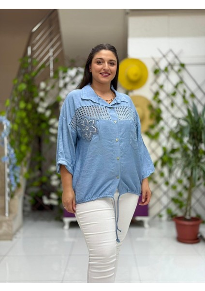 NC59028 Erkek Yaka Önü Fileli Italyan Ham Keten Gömlek Mavi fırsatları