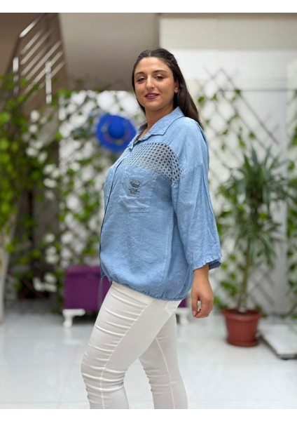 NC59028 Erkek Yaka Önü Fileli Italyan Ham Keten Gömlek Mavi indirimleri