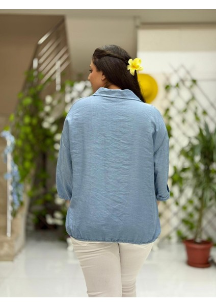 NC59028 Erkek Yaka Önü Fileli Italyan Ham Keten Gömlek Mavi