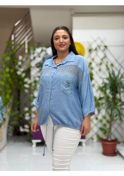 NC59028 Erkek Yaka Önü Fileli Italyan Ham Keten Gömlek Mavi