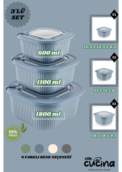 3'lü Mikrodalga ve Difriz Kullanımına Uygun Vakumlu Sızdırmaz Saklama Kabı Seti 600-1100-1800 ml
