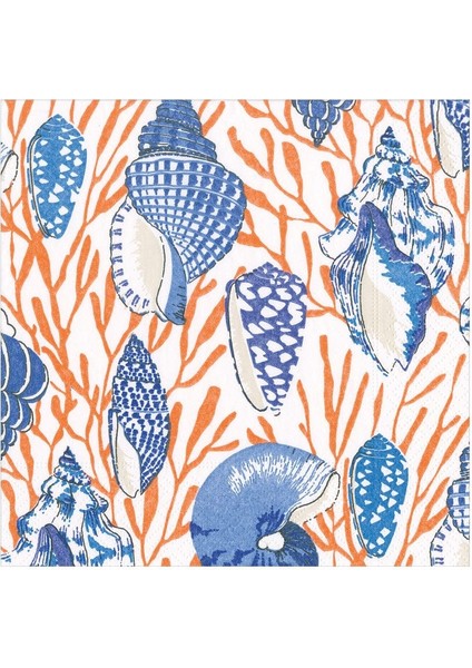 Shell Toile Luncheon Napkins In Coral & Blue - 20 Per Package