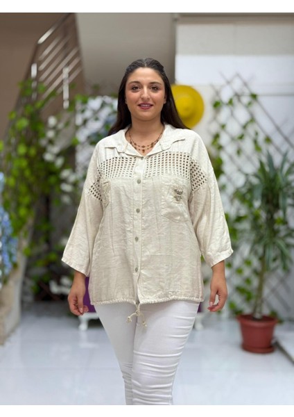 NC59028 Erkek Yaka Önü Fileli Italyan Ham Keten Gömlek Bej