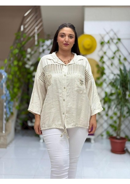 NC59028 Erkek Yaka Önü Fileli Italyan Ham Keten Gömlek Bej indirimleri