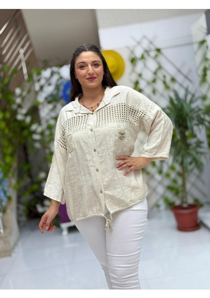 NC59028 Erkek Yaka Önü Fileli Italyan Ham Keten Gömlek Bej