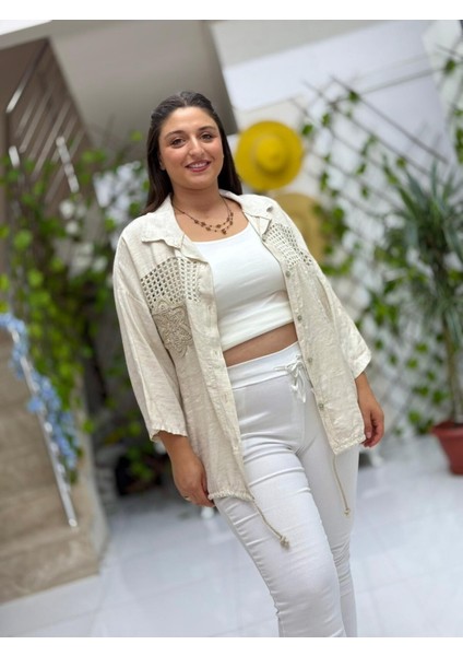 NC59028 Erkek Yaka Önü Fileli Italyan Ham Keten Gömlek Bej