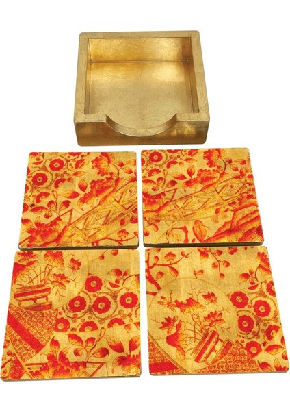 Gilded Porcelain Coral & Gold Coasters Set Of 4 In Holder