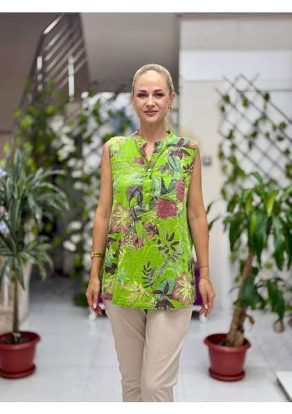 LS8819C Kolsuz Pamukketen Cepli Italyan Bluz Yeşil