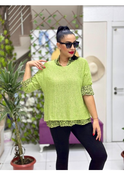 NC516020 Italyan Leopar Desen Fularlı Erkek Yaka Kazak Fıstık