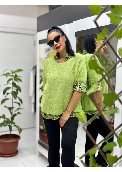 NC516020 Italyan Leopar Desen Fularlı Erkek Yaka Kazak Fıstık fiyatları