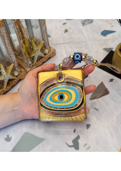 El Yapımı Hediyelik Dekoratif Nazar Boncuğu, Yaldızlı ve Ipli, Şeffaf 11 cm Duvar Süsü, Cam Nazarlık