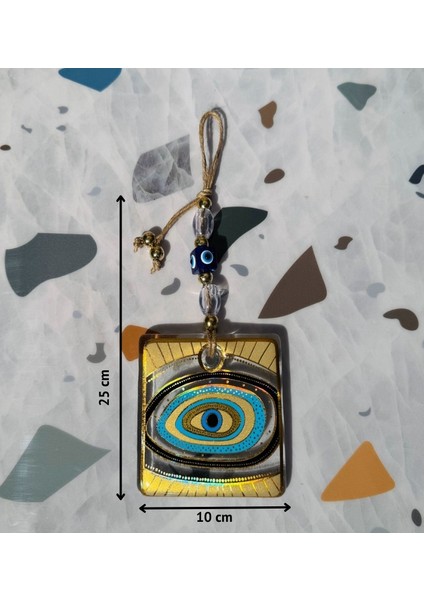 El Yapımı Hediyelik Dekoratif Nazar Boncuğu, Yaldızlı ve Ipli, Şeffaf 11 cm Duvar Süsü, Cam Nazarlık