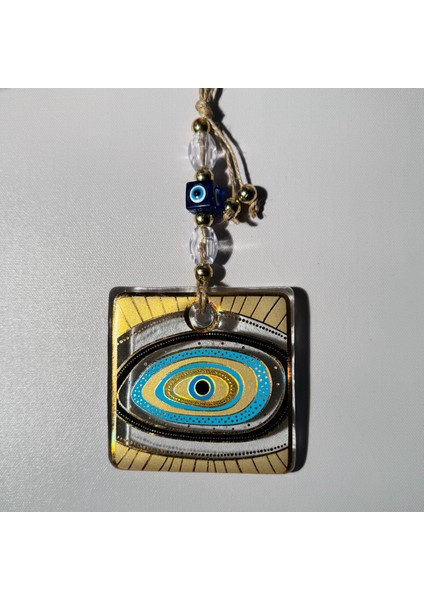 El Yapımı Hediyelik Dekoratif Nazar Boncuğu, Yaldızlı ve Ipli, Şeffaf 11 cm Duvar Süsü, Cam Nazarlık