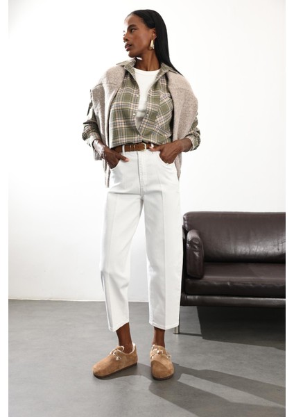 Beyaz Yüksek Bel Baggy Jean RM3004