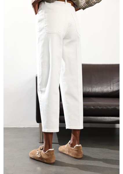 Beyaz Yüksek Bel Baggy Jean RM3004 fırsatları