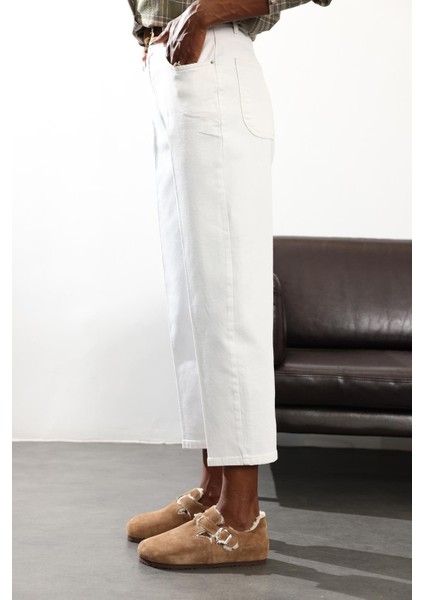 Beyaz Yüksek Bel Baggy Jean RM3004 indirimleri
