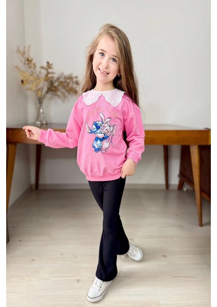 Yaka Detaylı Stitch Desenli Pembe Renk Kız Çocuk Takım fiyatları