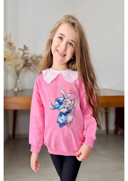 Yaka Detaylı Stitch Desenli Pembe Renk Kız Çocuk Takım modelleri